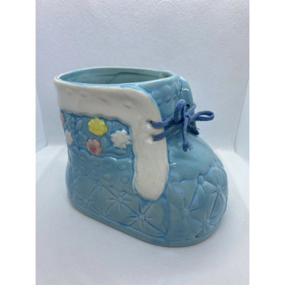 VTG Baby Shoe Boot Planter Vase Nursery Blue Japan Lace Floral
